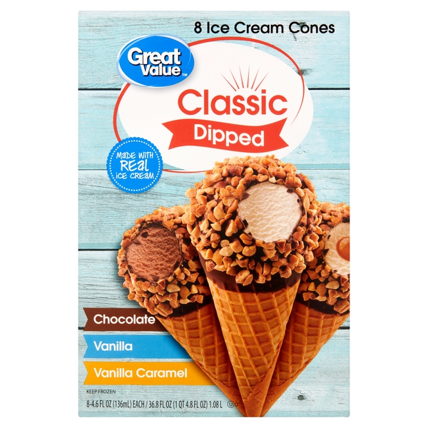 Great Value Chocolate Dipped Vanilla Flavored Ice Cream Cones, 34.4 oz, 8  Count